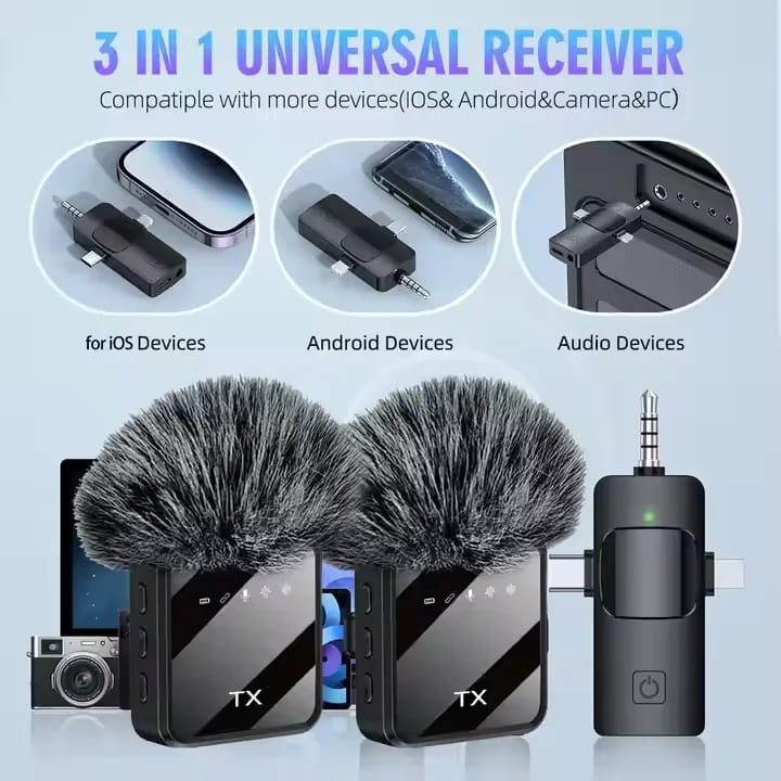 Microphone cravate sans fil 3 en 1 pour tout type de smartphone avec suppression du bruit pour interview, podcast vidéo