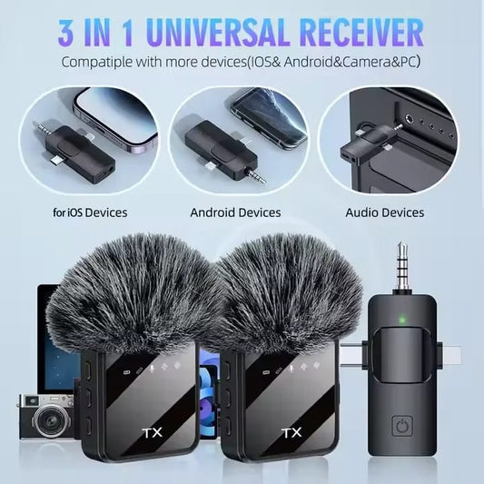 Microphone cravate sans fil 3 en 1 pour tout type de smartphone avec suppression du bruit pour interview, podcast vidéo